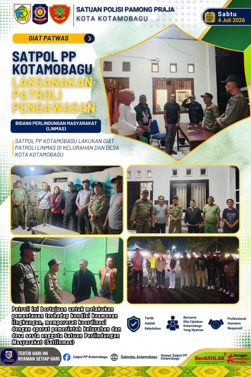SATPOL PP KOTAMOBAGU LAKSANAKAN GIAT PATROLI LINMAS DI KELURAHAN DAN DESA SE-KOTA KOTAMOBAGU