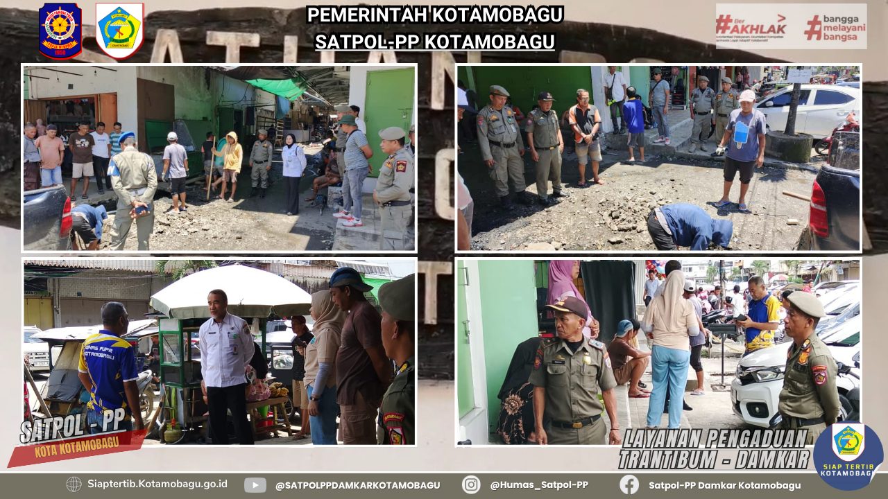 Satpol PP Kotamobagu Lakukan Penjagaan Saat Peninjauan Pekerjaan Pembersihan Got di Jalan Kartini