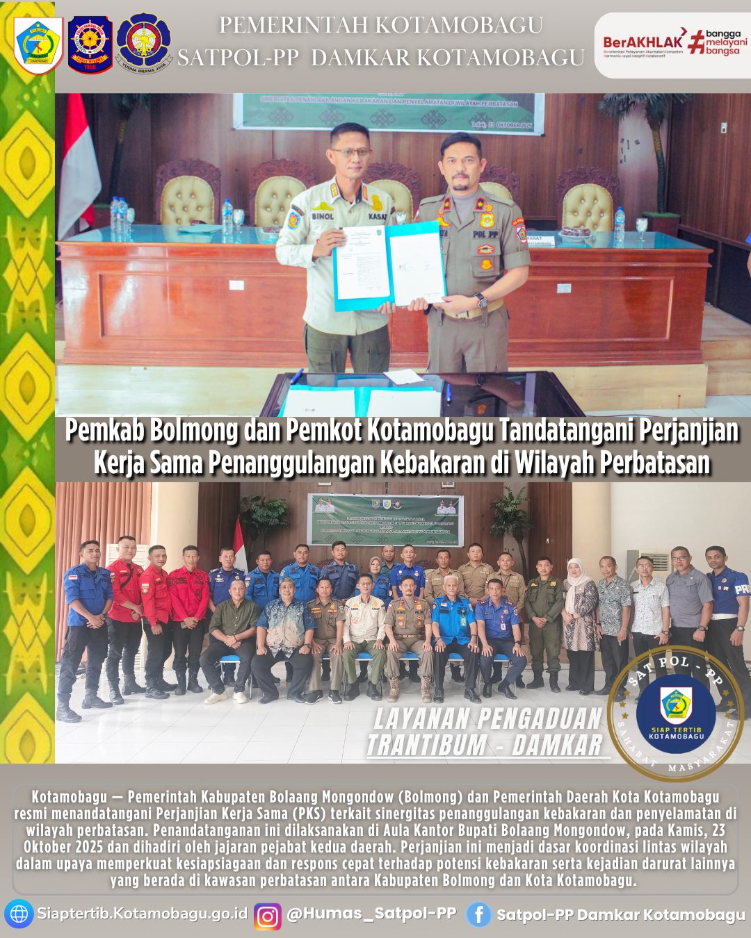 Pemkab Bolmong dan Pemkot Kotamobagu Tandatangani Perjanjian Kerja Sama Penanggulangan Kebakaran di Wilayah Perbatasan