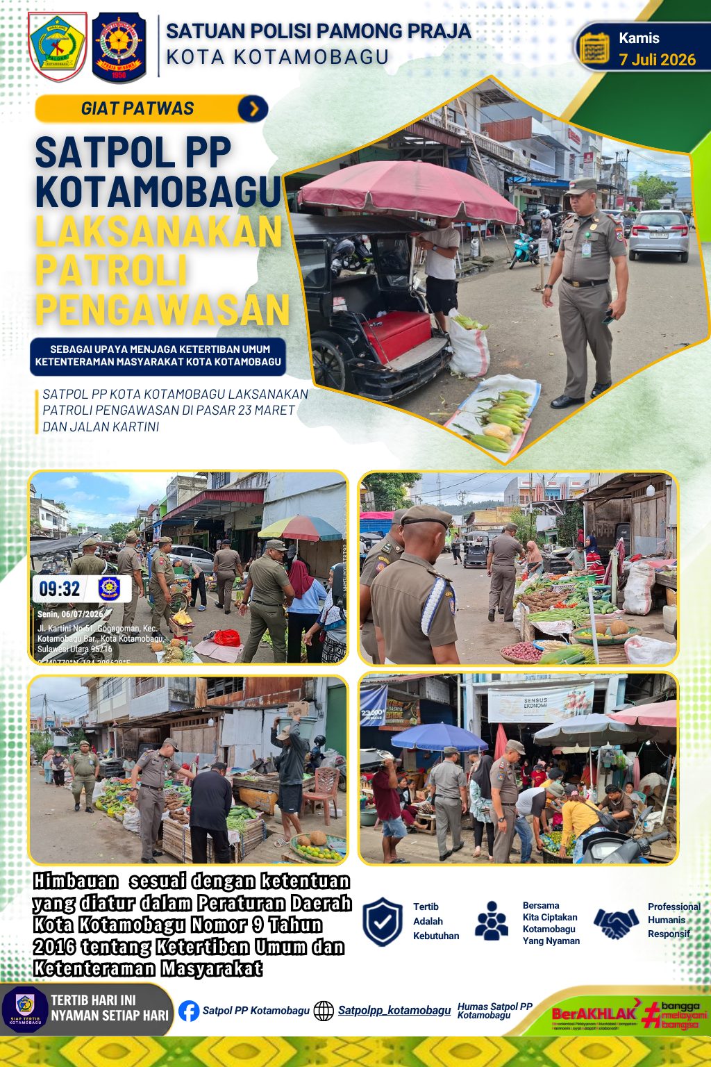 SATPOL PP KOTA KOTAMOBAGU SAMPAIKAN HIMBAUAN KEPADA PEDAGANG DI JALAN BUMBUNGON DAN JALAN KARTINI AGAR BERJUALAN DI DALAM PASAR 23 MARET