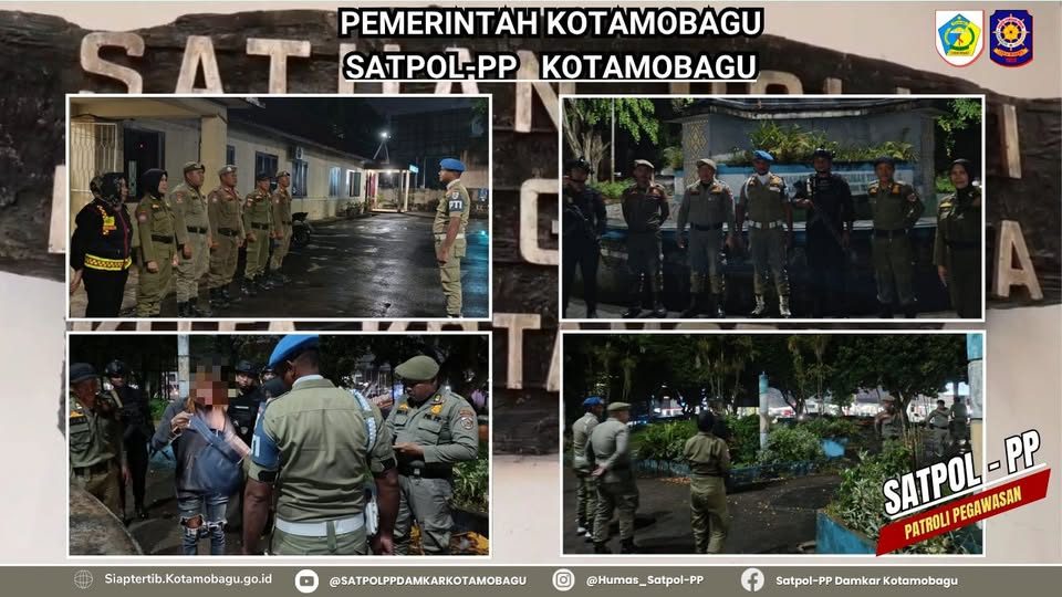  SATPOL-PP KOTAMOBAGU BERKOLABORASI BERSAMA POLRI LAKUKAN PATROLI MALAM DI TAMAN KOTA 