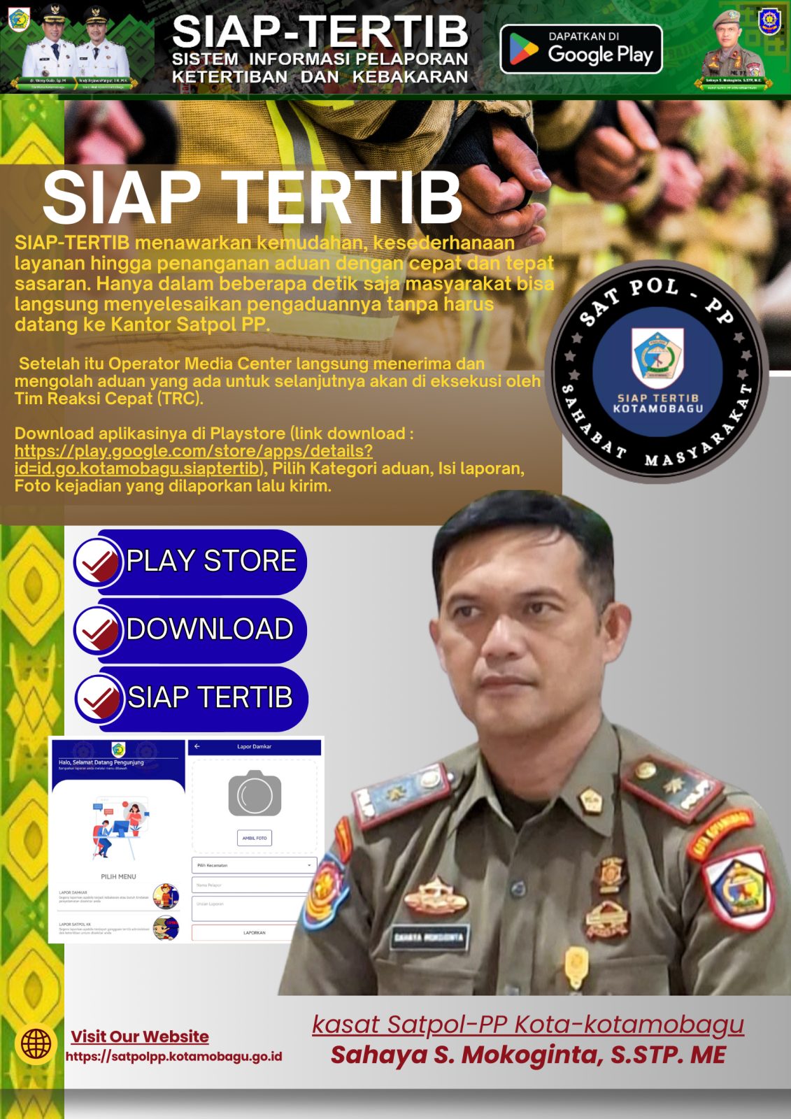 KASAT SATPOL PP DAN DAMKAR KOTAMOBAGU IMBAU MASYARAKAT UNDUH APLIKASI SIAP TERTIB UNTUK LAPORAN KEBAKARAN DAN NON KEBAKARAN