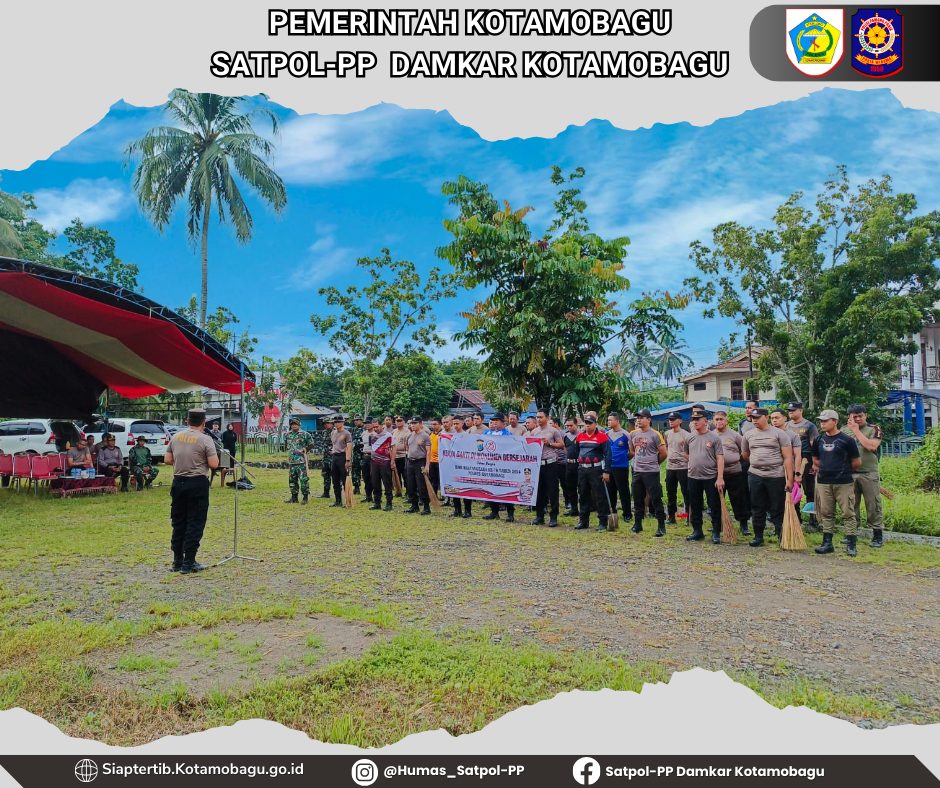 JELANG HUT BHAYANGKARA KE-78, SATPOL PP IKUT LAKSANAKAN KERJA BAKTI DI MONUMEN BERSEJARAH BERSAMA POLRES KOTAMOBAGU