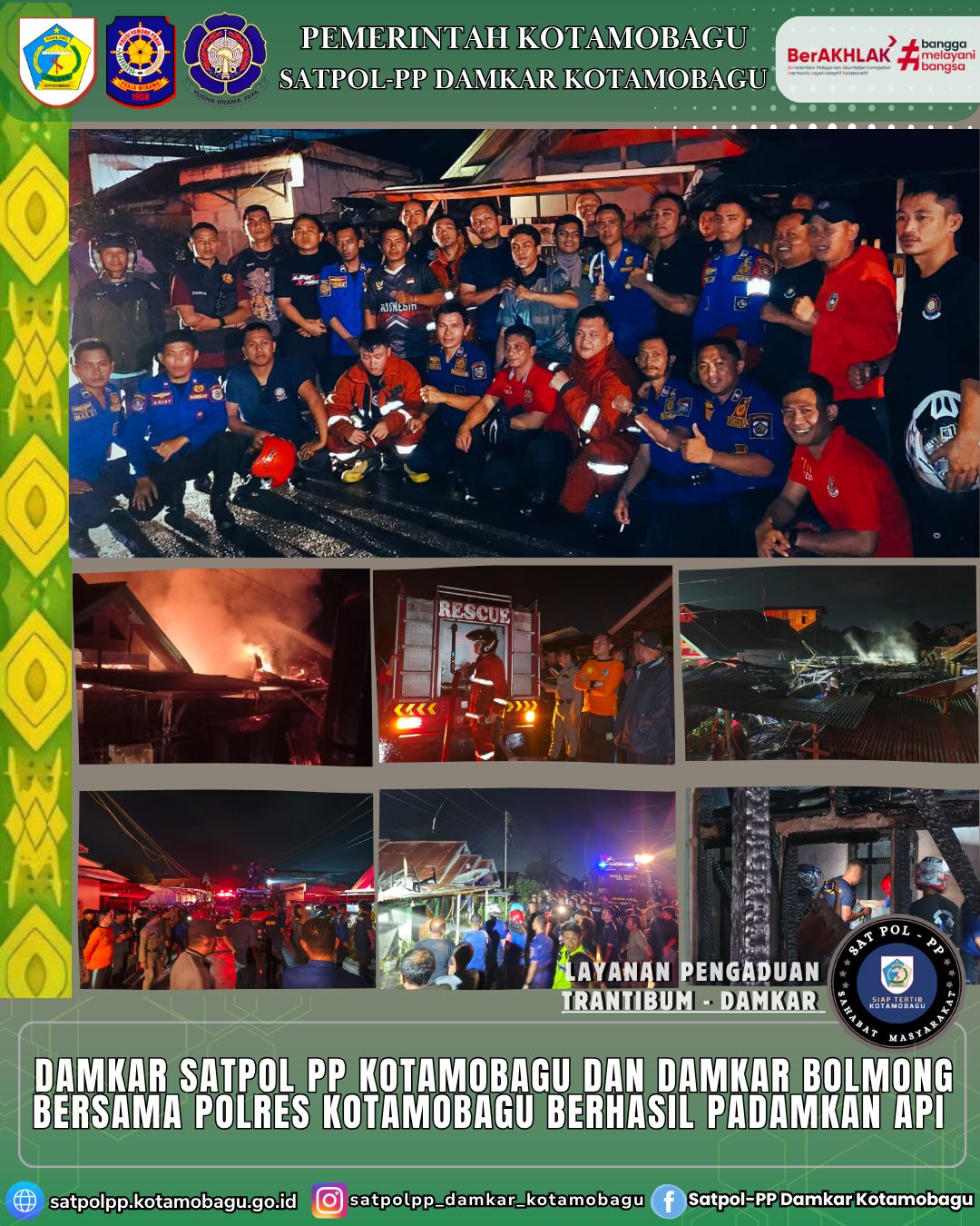 Damkar Satpol PP Kotamobagu dan Damkar Bolmong Bersama Polres Kotamobagu Berhasil Padamkan Api