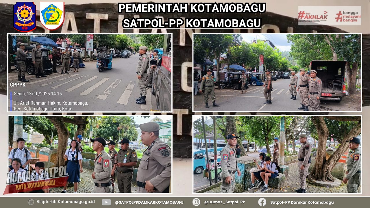 SATPOL PP KOTAMOBAGU LAKUKAN PATWAS DI AREA SMAN 1 DAN TAMAN KOTA TERKAIT AKTIVITAS PELAJAR