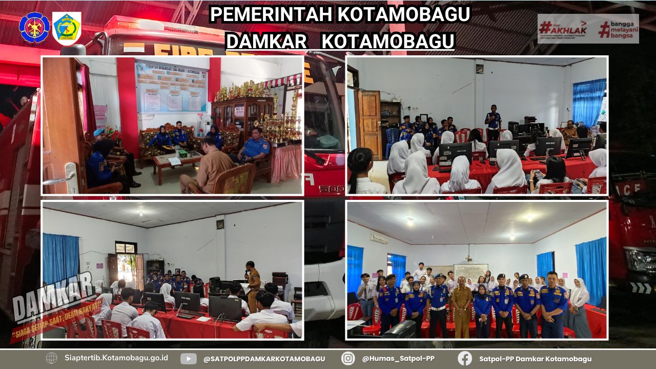 ANGGOTA DAMKAR KOTAMOBAGU LAKSANAKAN SOSIALISASI PEMBINAAN DISIPLIN, PELATIHAN KESIAPSIAGAAN KEBAKARAN, DAN PENGENALAN APLIKASI “SIAP TERTIB” DI SMAN 1 KOTAMOBAGU