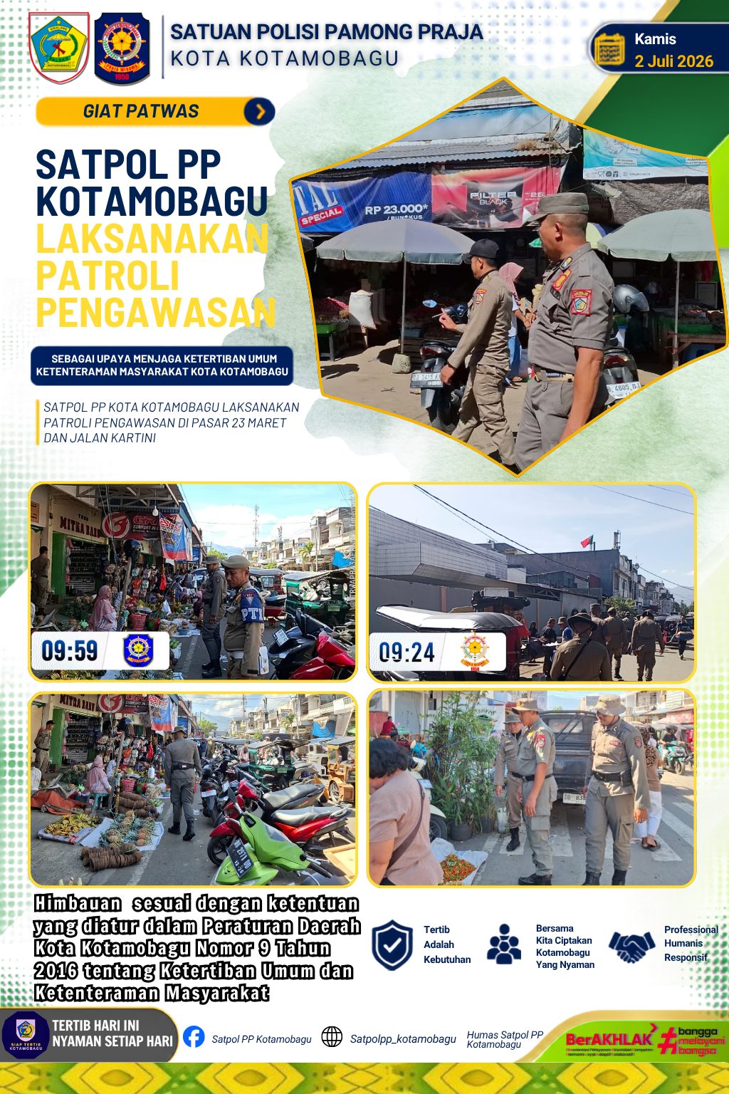 SATPOL PP KOTA KOTAMOBAGU LAKSANAKAN PATROLI PENGAWASAN DI PASAR 23 MARET DAN JALAN KARTINI KOTA KOTAMOBAGU