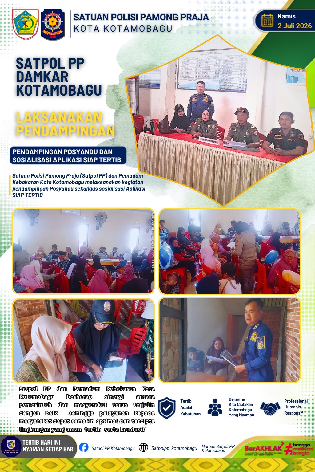 SATPOL PP DAN PEMADAM KEBAKARAN KOTA KOTAMOBAGU LAKSANAKAN PENDAMPINGAN POSYANDU SERTA SOSIALISASI APLIKASI SIAP TERTIB DI KELURAHAN MONGKONAI