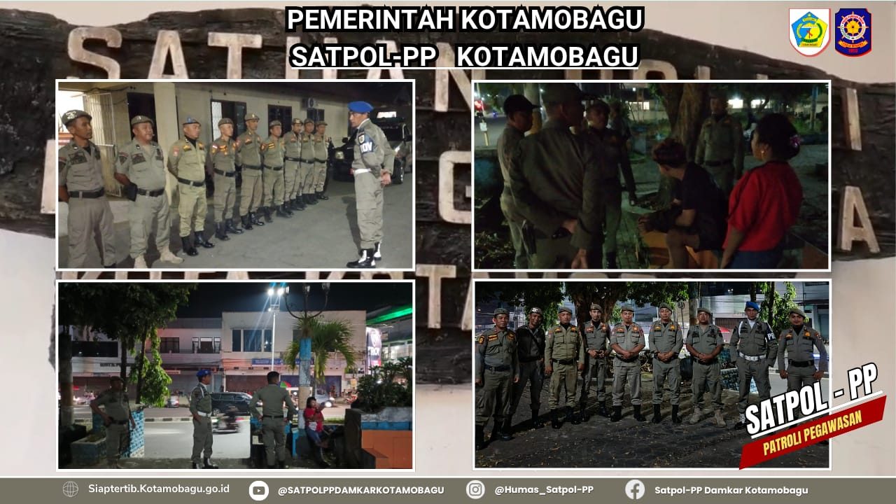 SATPOL PP KOTAMOBAGU GELAR PATWAS DI TAMAN KOTA – TEGUR AKTIVITAS YANG MENGGANGGU KETERTIBAN UMUM